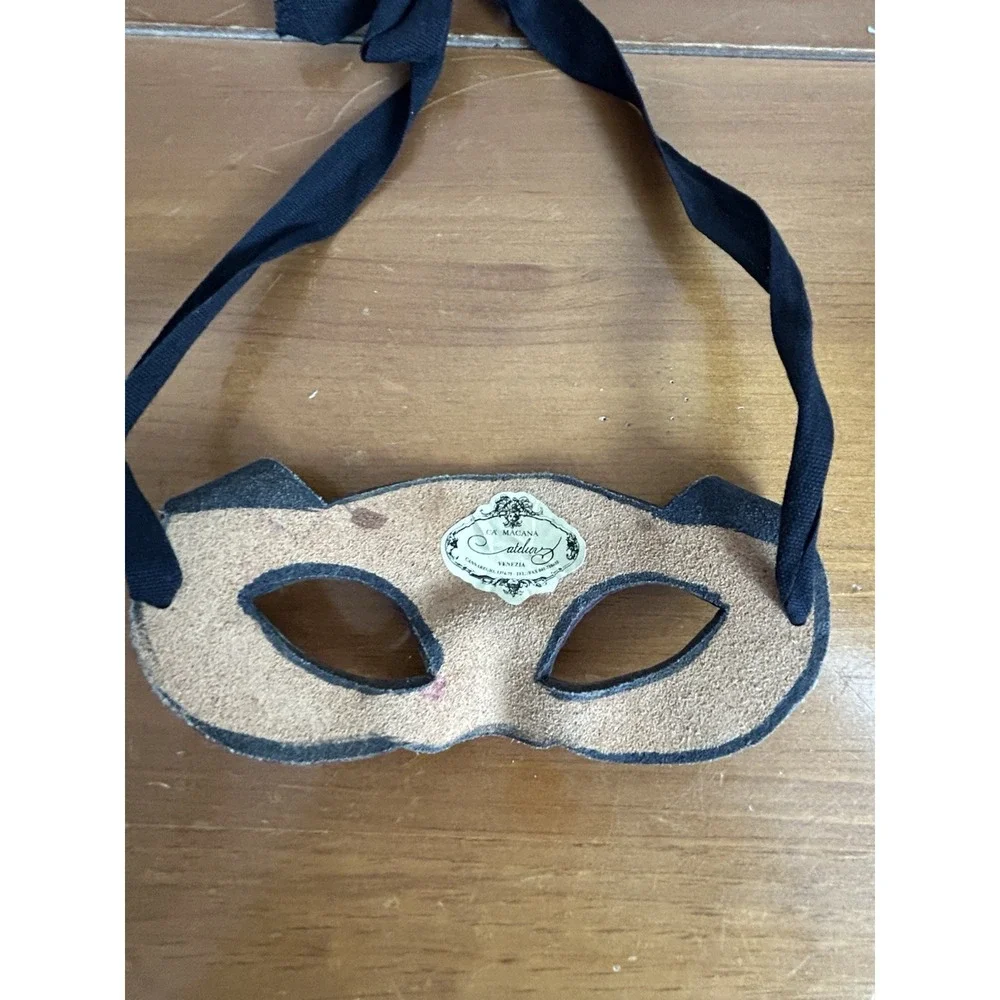 Vintage Ca Macana Venetian Mask Red Black Check Ribbon Tie LeatherHandmade Italy